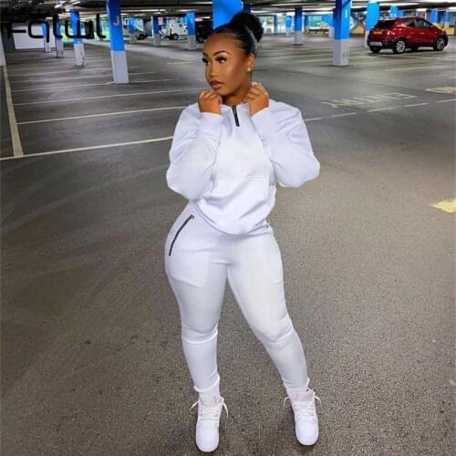 FQLWL Summer Streetwear 2 Two Piece Set Women Outfits 2021 Long Sleeve Zipper Top Pocket Pants Sets White Casual Tracksuit Women