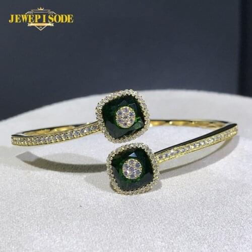 Jewepisode 100% 925 Sterling Silver Created Moissanite Emerald Cuff Bracelet Bangles Female 18K Gold Color Fine Jewelry Gifts