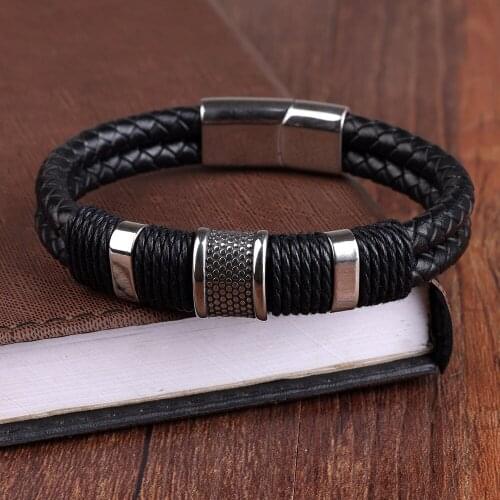 Classic Stainless Steel Bracelets For Men Rope Wrapping Special Style Genuine Leather Braided Mens Bracelet Charms Jewelry Gift