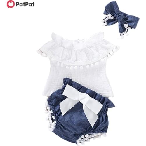 PatPat 2020 New Summer 3-piece Baby Toddler Girl Pompon Decor Flounced Collar Top and Shorts with Headband
