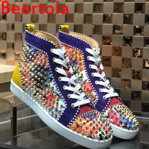 Leather Mens Sneakers High Top Casual Shoes Men Graffiti Mixed Color Full Spikes Flats Male Round Toe Leisure Chaussures Sport