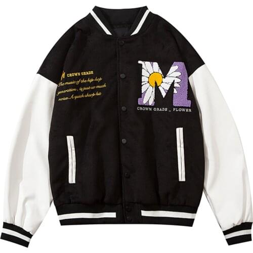 2020AW Hip Hop Patchwork Button Jackets Mens Harajuku Streetwear Embroidery Daisy Bee Bomber Jacket Baseball Coats