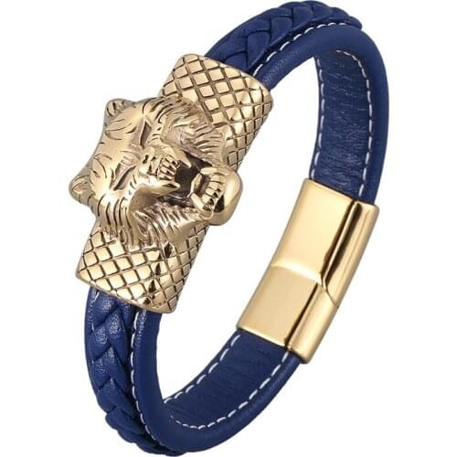 Blue Leather Charm Bracelets Men Party Jewelry Stainless Steel Wolf Head Magnetic Clasp Punk Rock Bangles Male Wristband PD0887