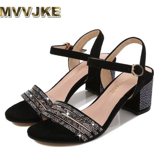 MVVJKE Women Sandals Summer Soft Bottom Simple Fairy Rhinestone Toes Roman Shoes Thick Heels Casual Soft Big Toe Foot Sandalen