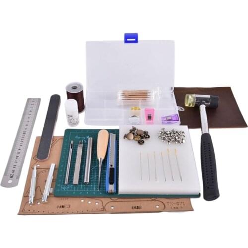 Leather Craft Punch Tools Kit Stitching Carving Working Sewing Saddle Groover Leather Rivets Snap Buttons A5 Cutter Mat Tool Set