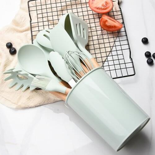 12pcs Silicone Kitchenware Set Wooden Handle Heat Resistant Kitchen Utensils Spatula Spoon Set Egg Beater Set Home Cooking Tools