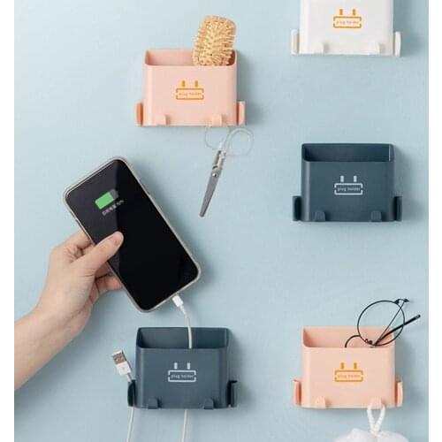 Wall Mounted Organizer Home Office Plastic Storage Box For Remote Control Mobile Phone Storage Rack Household Plug Holder Hooks