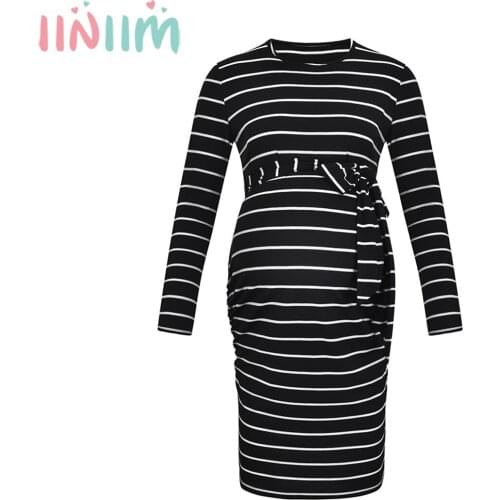 Womens Maternity Bodycon Casual Stripe Dress Round Neck Long Sleeve Pregnant Mother Home Dress for Baby Shower With Waistband