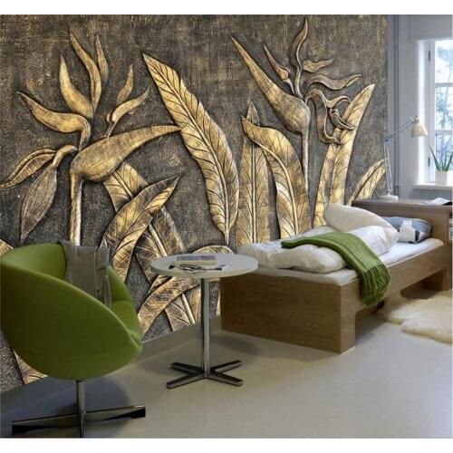 Custom wallpaper golden bird of paradise sculpture wall background wall high-grade waterproof material