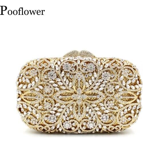 Pooflower Luxury Shinning Diamonds Evening Bag Women Chains Mini Handbag Crystal Party Wedding Clutch Purse sac de soiree ZH250
