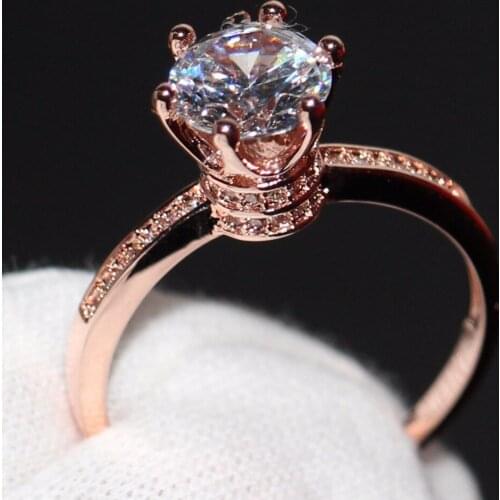 Solitaire Luxury Jewelry Claw 925 Sterling Silver&Rose Gold Filled Round Cut White 5A Zirconia CZ Women Wedding Crown Band Ring