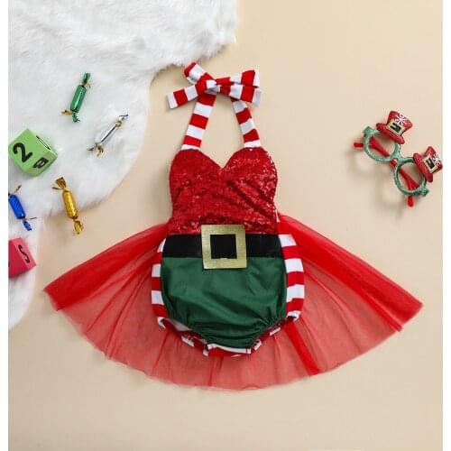 Christmas Infant Baby Girls Romper Dress 0-24M Sequined Patchwork Sleeveless Ruffles Lace Jumpsuits 2021 New