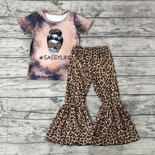 Sassy life Fall/Winter Short Sleeve Shirt Leopard Bell Bottom Pants Baby Girl Boutique Clothes