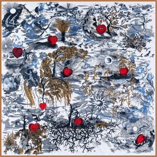 Manual Hand Rolled Twill Silk Scarf Women Heart Tree Print Square Scarves Echarpes Curled Foulards Femme Wrap Bandana Hijab 90CM