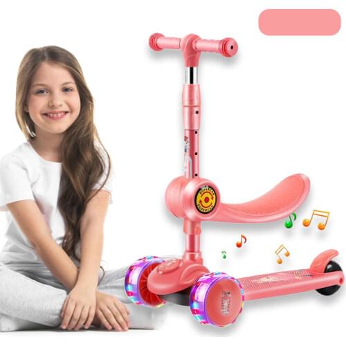 Kids 3 Wheel Kick Scooter 2 in 1 Folding Childrens Scooter 3-8 Years Old Three Wheel Flashing Scooter Swing Scooter Sliding Sco