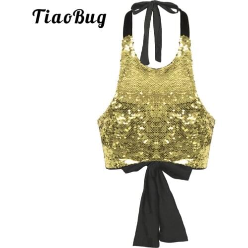 TiaoBug Women Halter Shiny Sequin Slim Vest Crop Top Stage Performance Pole Dance Costume Festival Rave Party Sexy Tops Clubwear