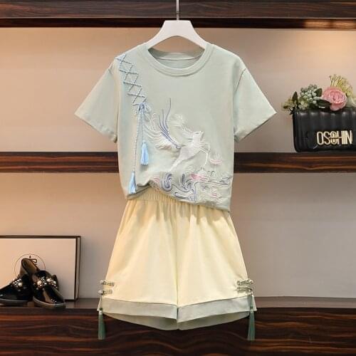 Women Casual T shirts Sets Summer embroidery Short Sleeve Top Shorts Suit Streetwear Female Two Piece Set Tracksuits Outfits big