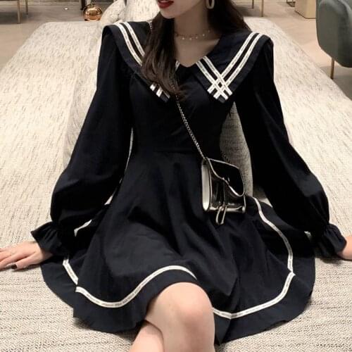 Preppy style dress women sailor collar autumn fashion brand Korean a-line mini-dresses long sleeve vestidos sweet new black