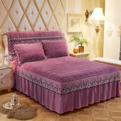 3pcs Hot Sale Fleece Bed Skirt Solid Color Lace Embroidery Autumn Winter Thicken Bed Skirt Three-piece Mattress Cover