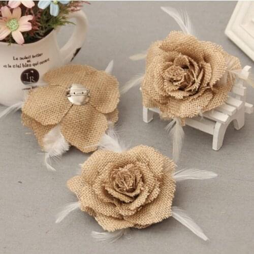 6pcs/lot Rustic Wedding Brooch With Pin Burlap Flowers with Feather Bride Groom Brooch Bag Hat Flowers Decoration