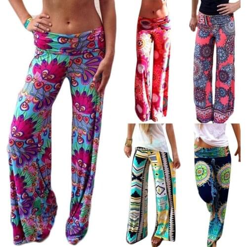 Western Womens Summer Multicolor Floral Pants Casual High Waist Flare Wide Leg Loose Long Trousers Fashion Casual Yoga Pants