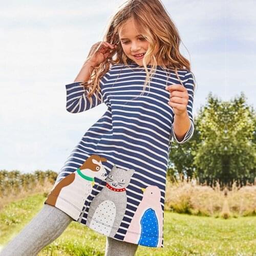 Kids Summer Dresses 2021 Long Sleeve Dress for Girls Stripe Catoon Childrens Clothing