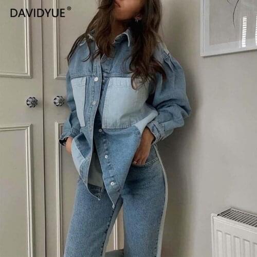 Jeans jacket women loose denim jacket long coat fall 2021 womens fashion oversized denim jackets streetwear patchwork jean coats