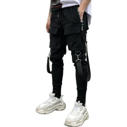 Hip Hop Joggers Mens Black Harem Pants Multi Pocket Ribbons Mens Sports Pants Streetwear Cargo Pants Men Japanese Streetwear