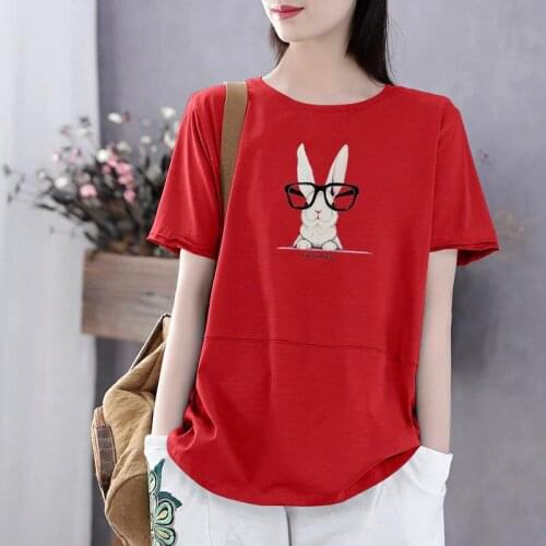 Women Spring Summer Style Loose T-Shirts Tops Lady Casual Short Sleeve O-Neck Cartoon Rabbit Printed Tees Tshirts Tops ZZ0179