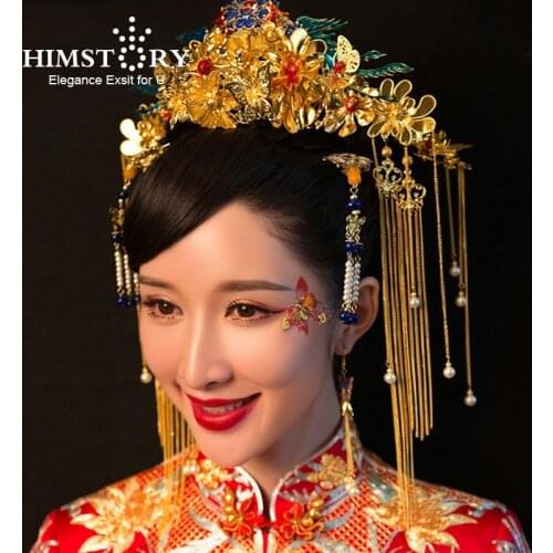 HIMSTORY Chinese Style Women Bridal Hair Decoration Wedding Headdress Tassel Headbands Earrings Phonix Crown Brides Hairwear