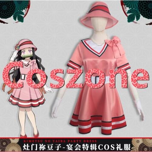 Demon Slayer Kamado Nezuko Cosplay Party Dress Kimetsu no Yaiba Pink Dress Hat Halloween Carnival Cosplay Costume