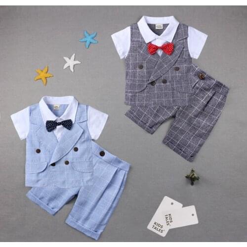 Baby Boys Clothes Summer Shirts Plaid Shorts Suits Childrens Tuxedo Cotton Kids 2 pieces Sets Outfits Bowtie Gentleman Vest
