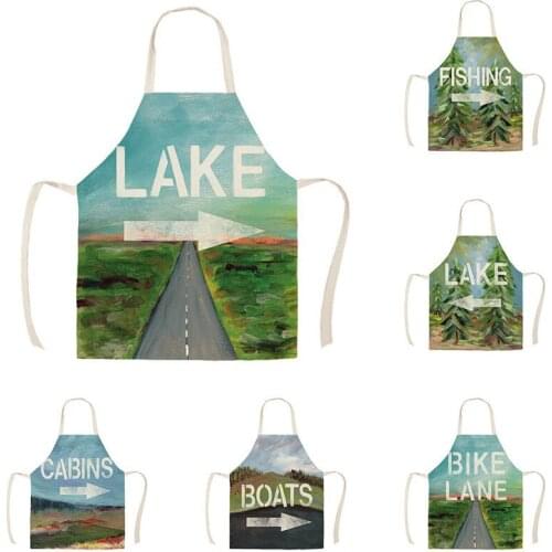 Letter Lake Fishing Boats Cabins Kitchen Aprons for Woman Man Home Cooking Baking Shop Cleaning Cotton Linen Apron WQG692