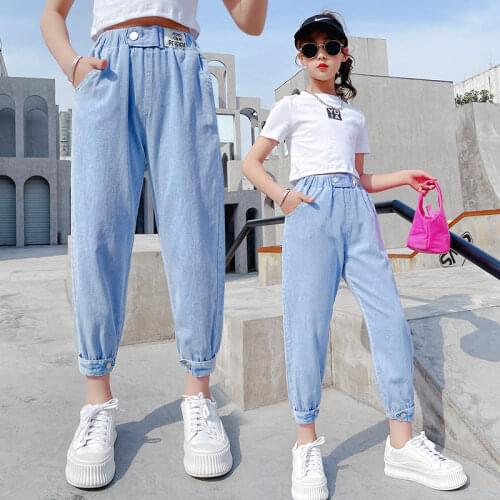 Summer Teenage girl Ultrathin Denim Pencil Pants Teen High Quality Girls Jeans Kids Casual Style Solid Color Trousers 4-14