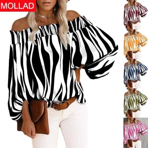 2021 Summer and Autumn New Arrival European and American Striped Sexy Fashion off-the-Shoulder Chiffon Shirt Shirt for Women
