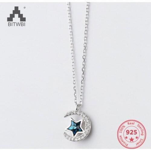 Hot Sale S925 Sterling Silver Fashion Simple Creative Blue Zircon Star Moon Pendants Necklace