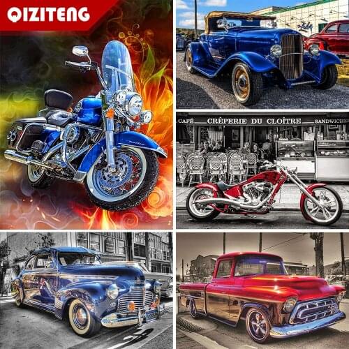 QIZITENG Full Square 5D DIY Diamond Painting Cartoon Car Motorcycle Diamond Embroidery Kit Mosaic Landscape Home Decoration