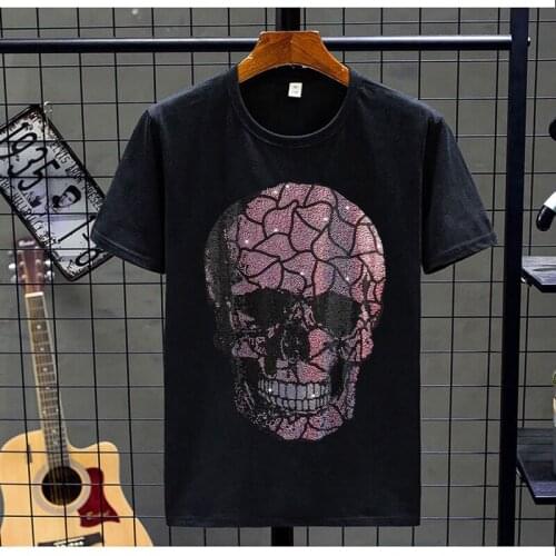 New Summer Mens T-Shirt Casual Plus Size Short Sleeve Skull Style Hot Drilling Rhinestone Design O-Neck Tees Loose Shopping 5XL