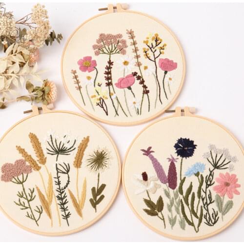 New 8 Designs Beginners Of Embroidery Diy Kit + Bamboo Hoop Thread Flowers Plants Pattern Cross Stitch Sewing Tools Punch Needle