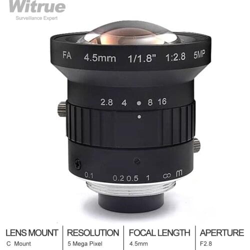Witrue 5 Megapixel 4.5mm C Mount Lens Low Distortion Industrial Lenses 1/1.8" F2.8 for IP Security Camera