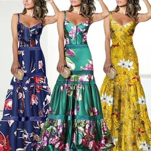 2021 Summer Fashion Full Length Prom Dresses Floral Printed V Neck Spaghetti Strap Casual Birthday Party Robe Homecoming Vestido