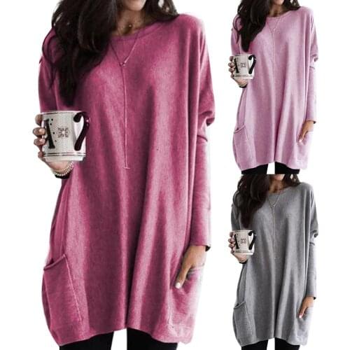 Dress Women Dresses Casual Dress Solid Color O Neck Long Sleeve Pocket Casual Loose Blouse Top Dress Ladies Dresses