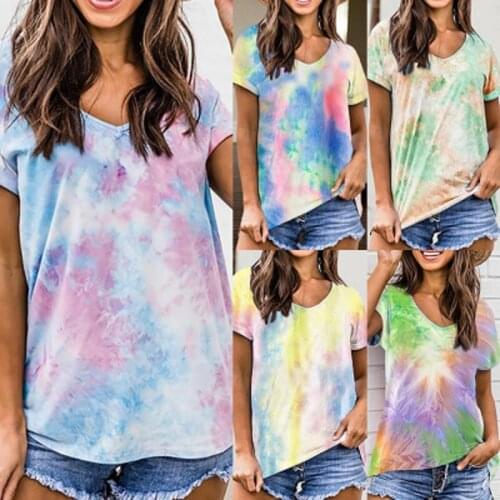 2021 Summer Hot Sale Gradient Color Tie-Dye Short-Sleeved Loose V-Neck Printed Pullover Womens Tops T-Shirt Bottoming Shirt