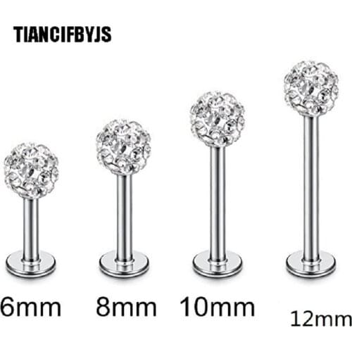 TIANCIFBYJS Clear Crystal 6/8/10/12mm 40pcs Labret Piercing Bar Barbell Tragus Earring Stainless Steel Body Jewelry Lip Ring 16g