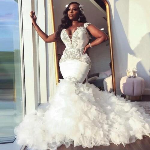 African Mermaid Wedding Dress 2022 Sweetheart Ruffle Royal Train Black Bride Dress Beading Formal Bridal Gown Plus Size Pageant