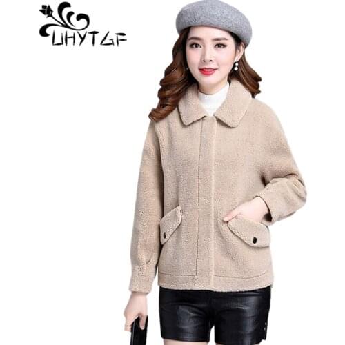 UHYTGF Lambswool Autumn Winter Fur Jacket Women Fashion Pocket Casual Warm Short Coat Sheep Sheared Loose Plus Size Outwear 1405