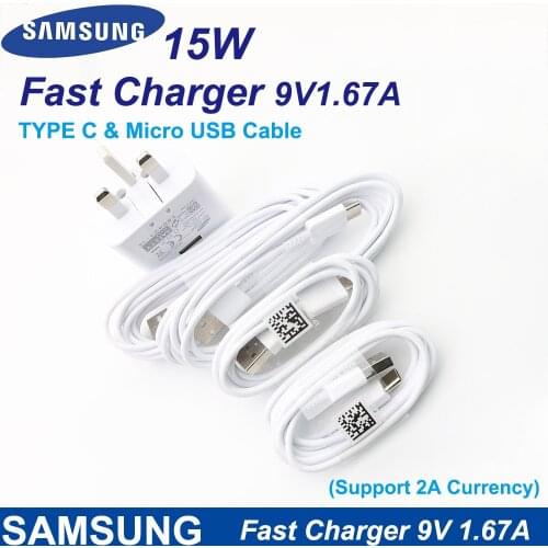 For Samsung S10 S8 S9 Plus UK Fast Charger 15W Travel Adapter 9V 1.67A Fast ChargeType C & Micro USB Cable ForS9 Note10 9 8 A50