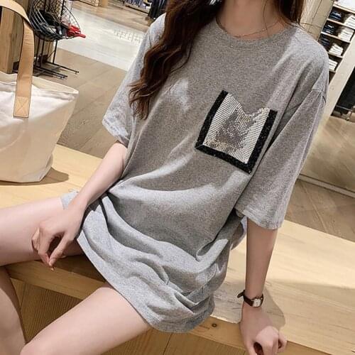 Women Summer Loose Comfortable Medium Length Pocket O Neck Short Sleeves T-shirt womens T-shirts top female woman cloth tshirts