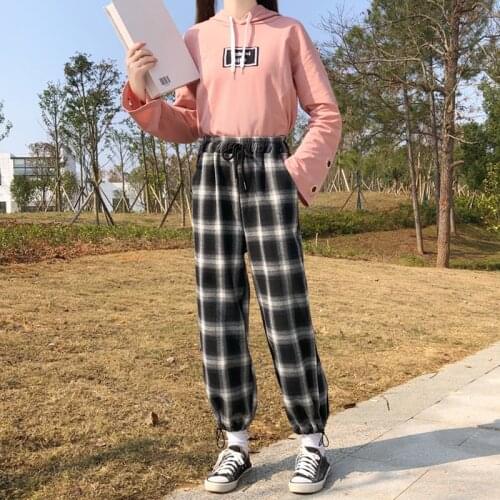 Japanese Lattice Trousers Women 2021 Spring College Style Plus Cashmere Casual Straight-Leg Pants Kawaii All-Match Girl Pants