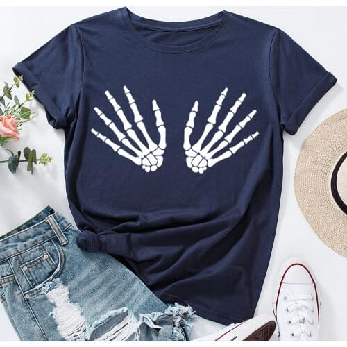 Graphic Tees for Women Cotton Short Sleeve Tee Woman T-Shirts Female Shirt Tops Summer Clothes Skeleton Hand Bra Halloween White
